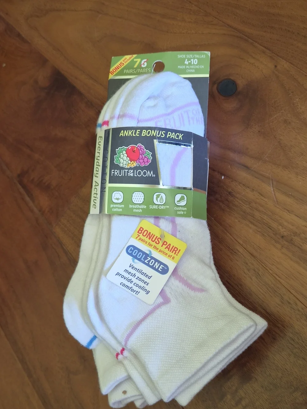 Fruit of the Loom White Ankle Athletic Socks with Pink & Blue Accents - 7 Pack